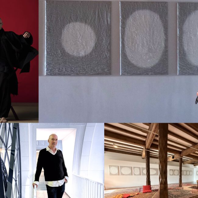 Nk Bärtsch, Johanna Knöpfle und Jürgen Grözinger sind im August 2025 die künstlerischen Protagonisten in der Installation "Mutabor - ich werde verwandelt werden". Fotos: Christian Senti und Udo Eberl
